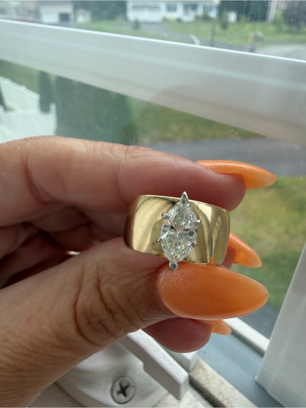 💍 estate solitaire 14k Wide Gold Band engagement Ring 1ct Marquise Diamond